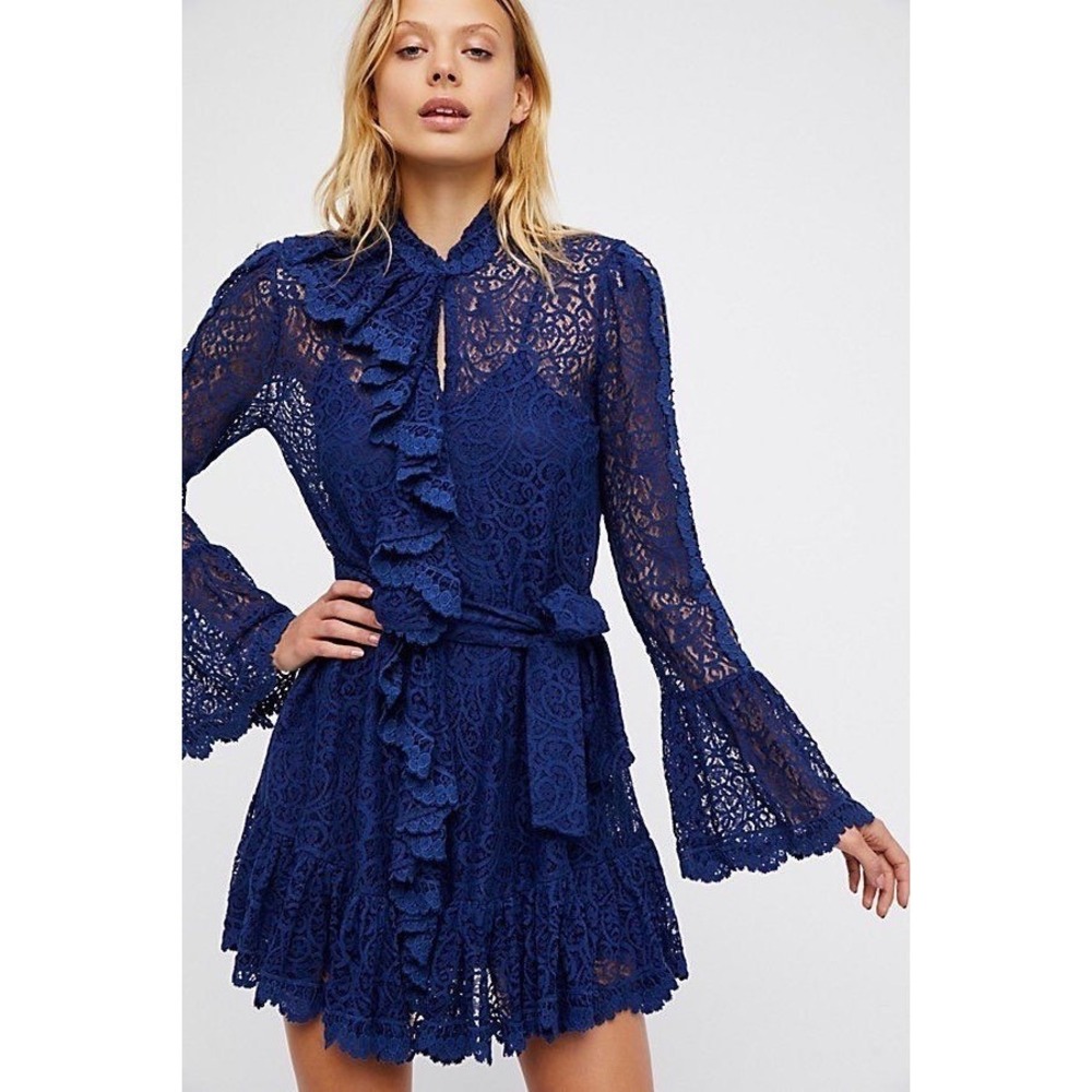 Free People Women's Lace‎ Sheer Ruffle Bell Sleeve Boho Mini Dress Size S Fairy